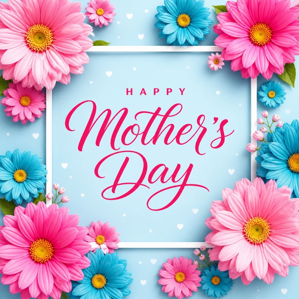 happy mothers day floral card with pink and blue daisy