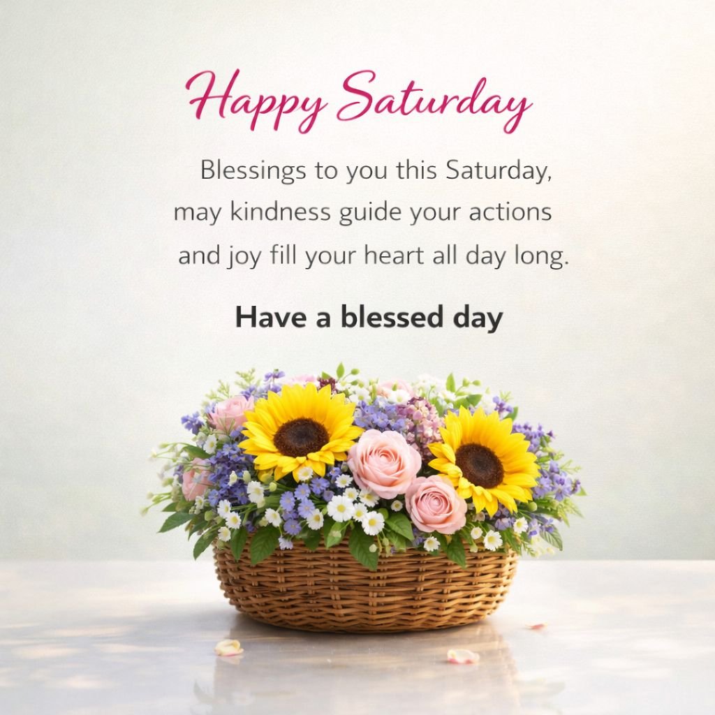 happy saturday blessings with sunflowers and roses basket