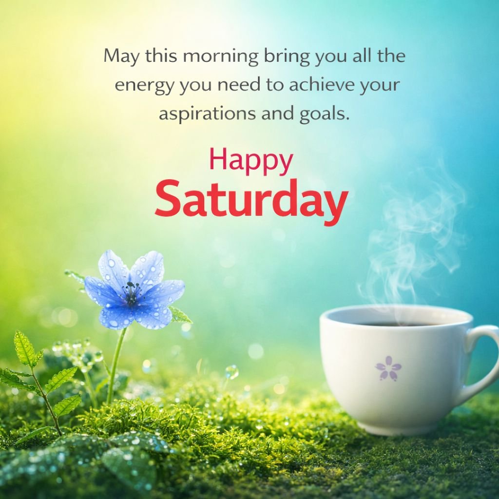 happy saturday good morning quote with coffee and nature background