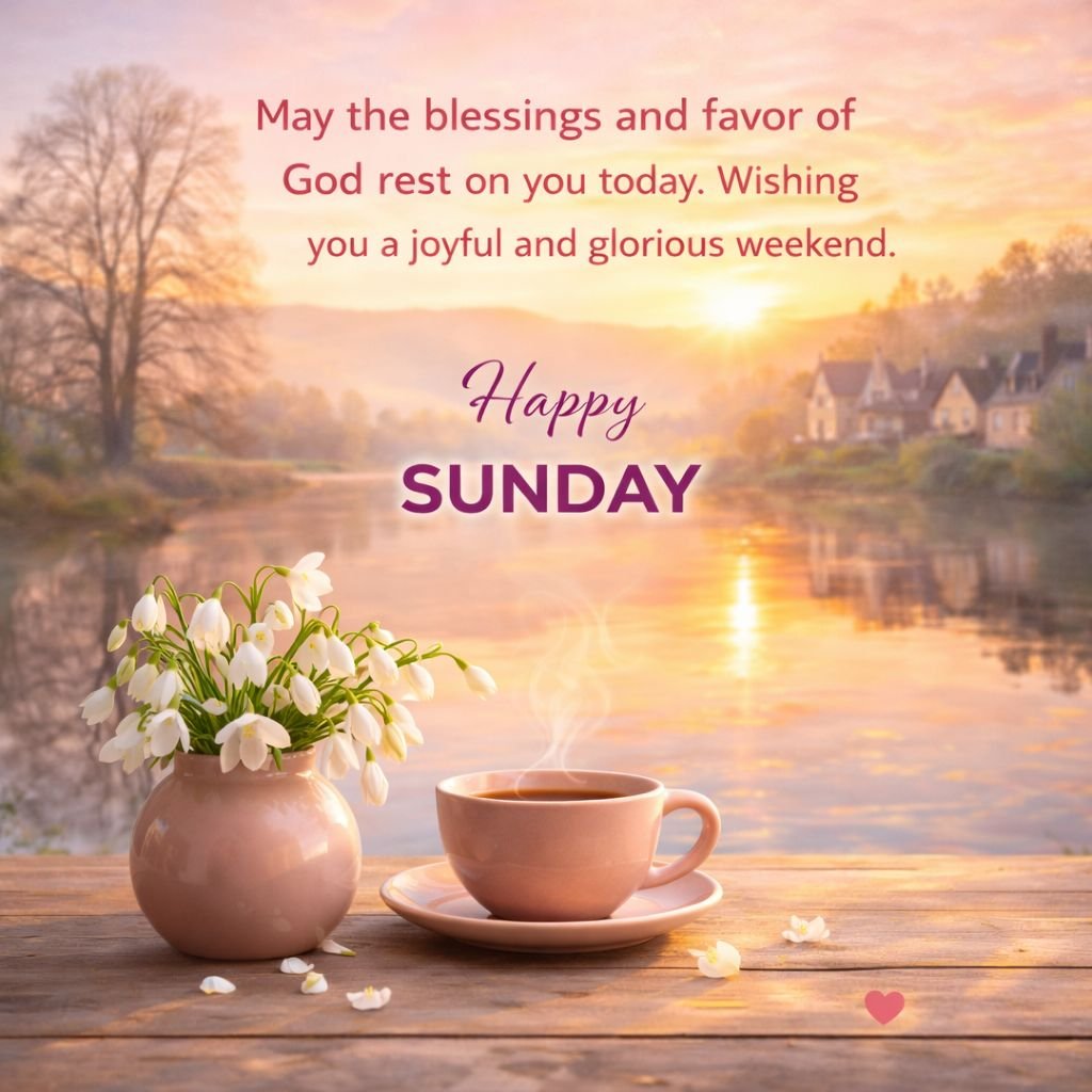 happy sunday blessings quote with sunrise lake, coffee, and flowers