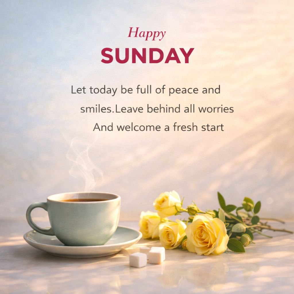 happy sunday good morning quote with coffee and yellow roses