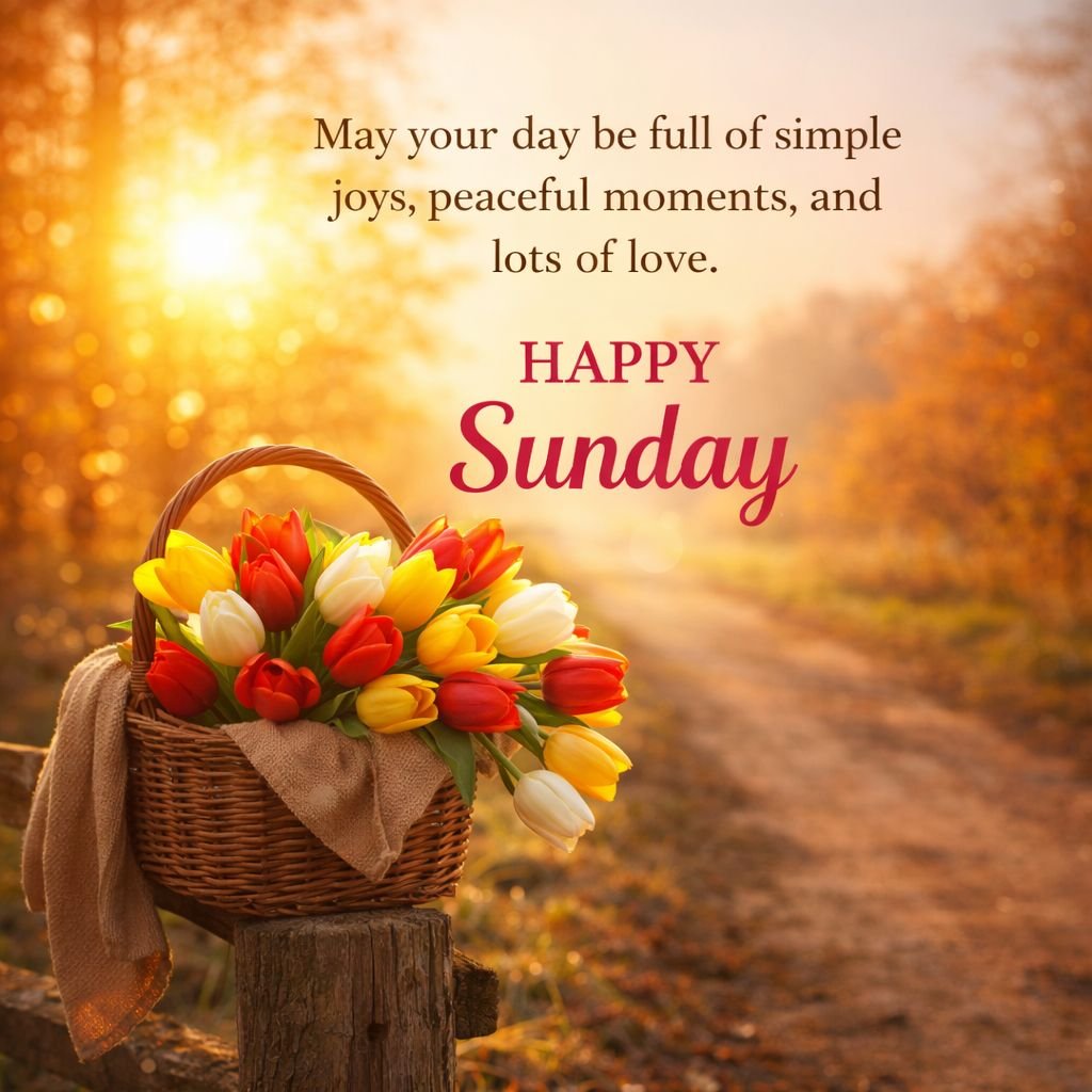 happy sunday greeting with tulip basket and golden sunrise
