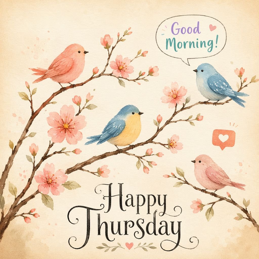 happy thursday good morning birds and cherry blossom