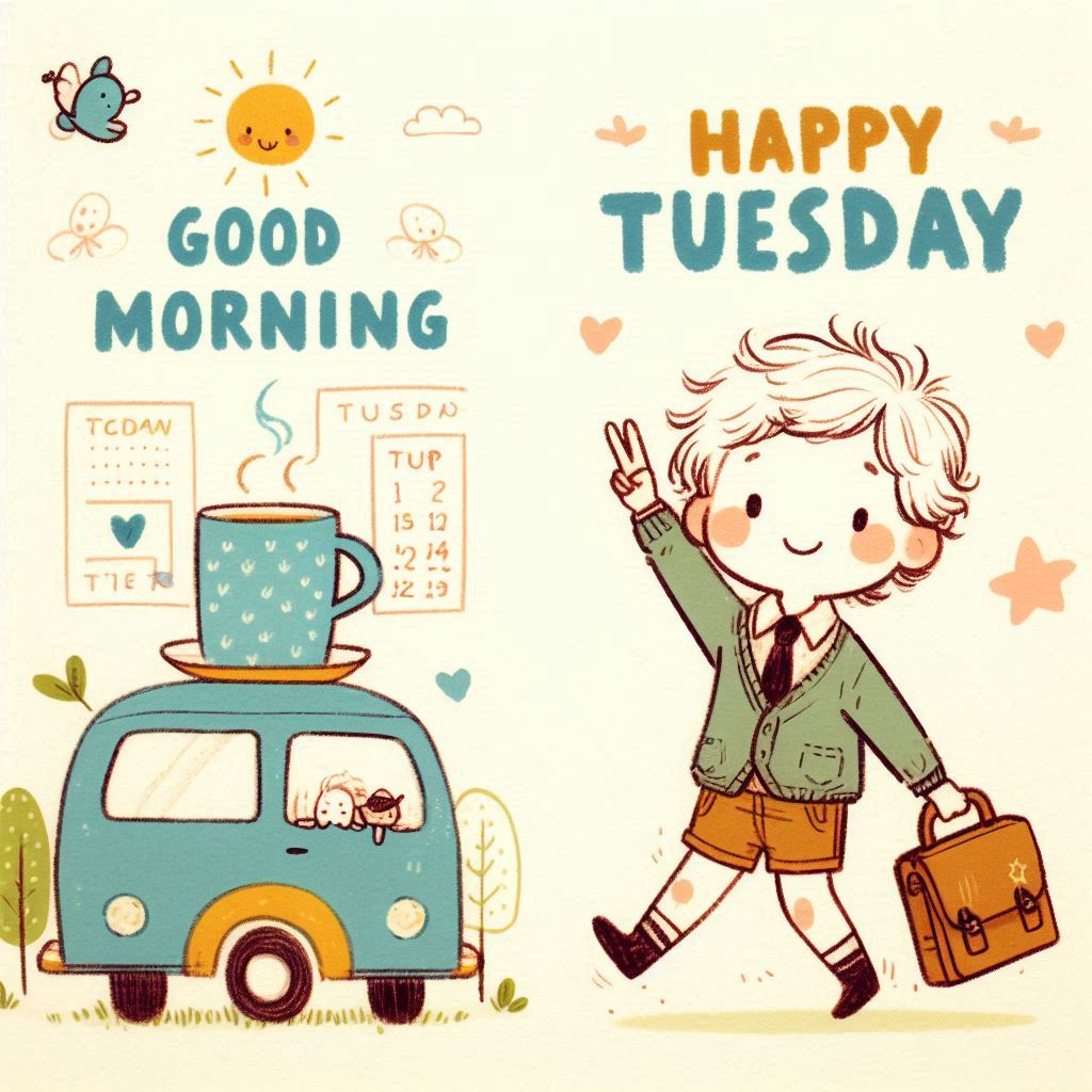30+ Good Morning Happy Tuesday Images for Free Download 10 Cartoon boy waves with peace sign, carrying briefcase beside coffee cup on van and cheerful "Good Morning, Happy Tuesday" text.