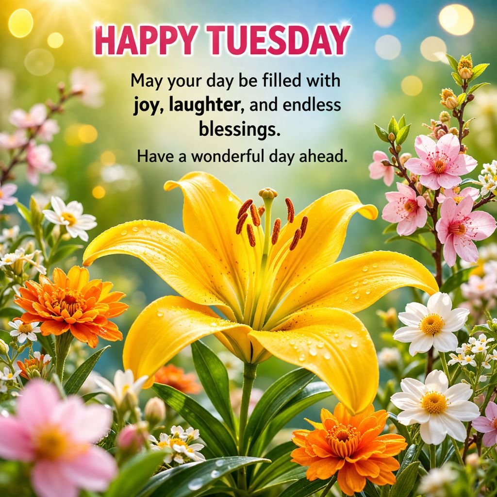 happy tuesday greeting with yellow lily and colorful flowers