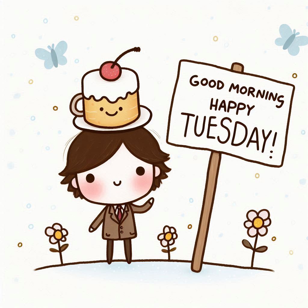 30+ Good Morning Happy Tuesday Images for Free Download 14 Cute cartoon boy with cake on head holds sign reading "Good Mornins Happy Tuesday!" surrounded by flowers and butterflies.