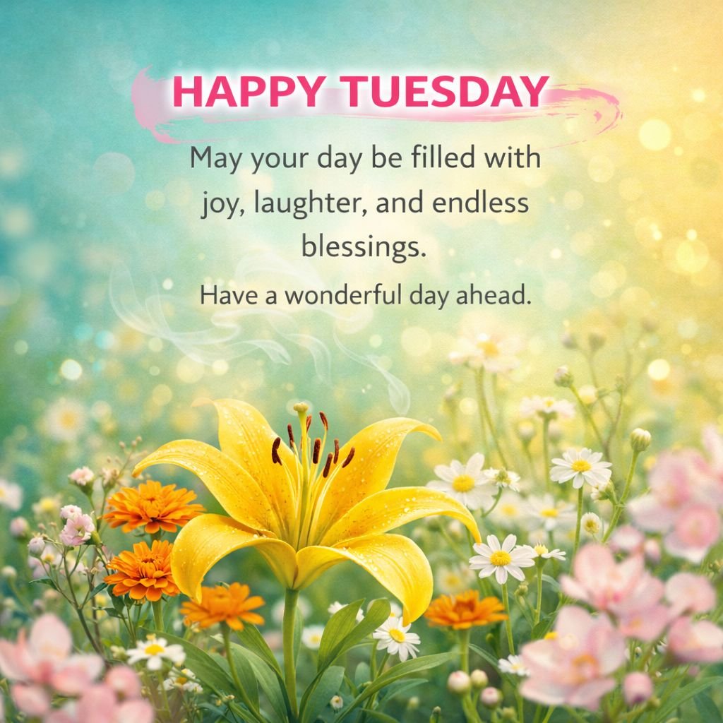 happy tuesday inspirational quote with yellow lily