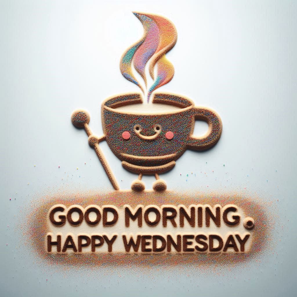 30+ Good Wednesday Morning Blessings Images for Free Download 6 Smiling cartoon coffee cup with rainbow steam and cane, made from colorful sand art, with text “Good Morning. Happy Wednesday.
