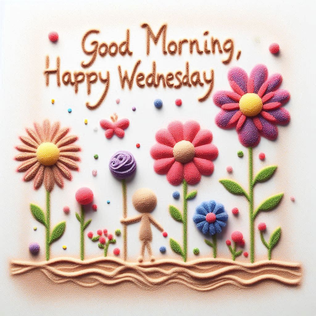 30+ Good Wednesday Morning Blessings Images for Free Download 7 Colorful sand art of smiling flowers and a stick figure holding a lollipop, with text “Good Morning, Happy Wednesday.”