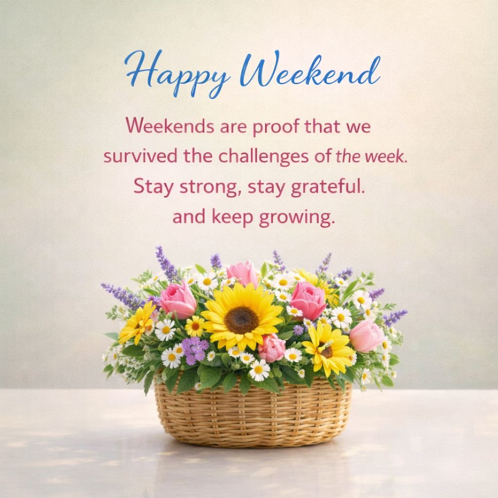 happy weekend inspirational quote with sunflowers and floral basket
