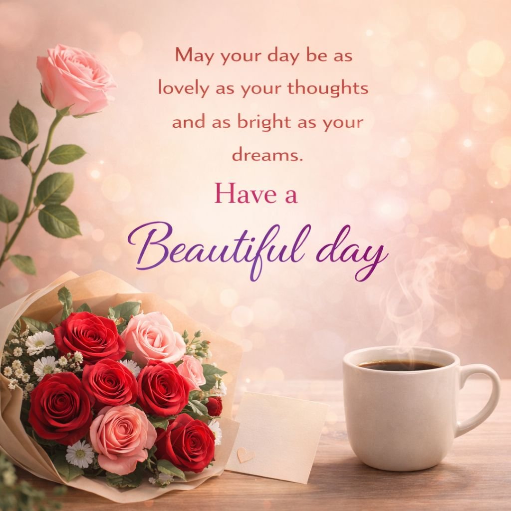 have a beautiful day quote with coffee and roses