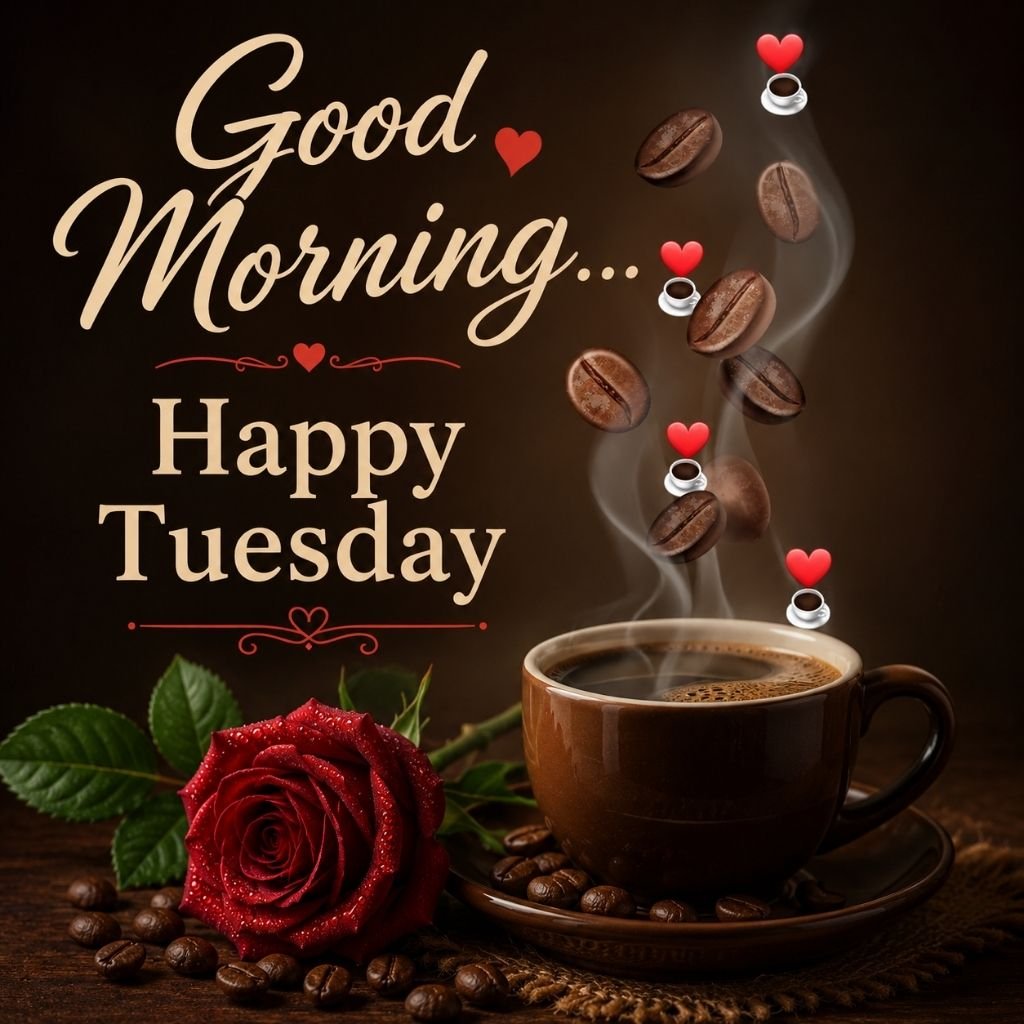 hot coffee and rose Tuesday wishes