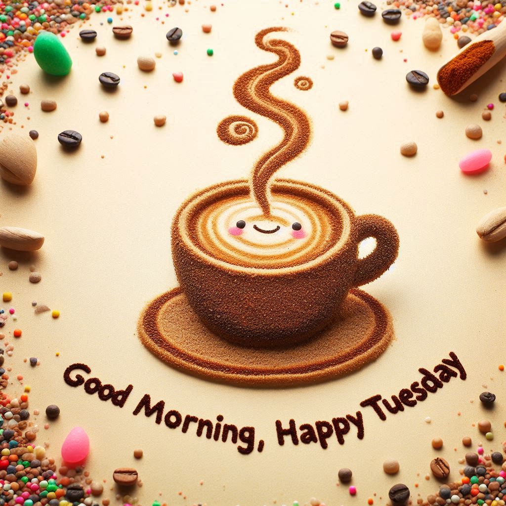 30+ Good Morning Happy Tuesday Images for Free Download 3 Smiling coffee cup made from colorful sand art, surrounded by beans and sprinkles, with “Good Morning, Happy Tuesday” text.