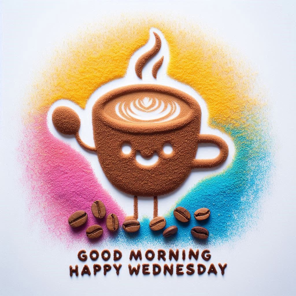 30+ Good Wednesday Morning Blessings Images for Free Download 26 Smiling coffee cup sand art with colorful background and coffee beans, featuring text “Good Morning Happy Wednesday” below the design.
