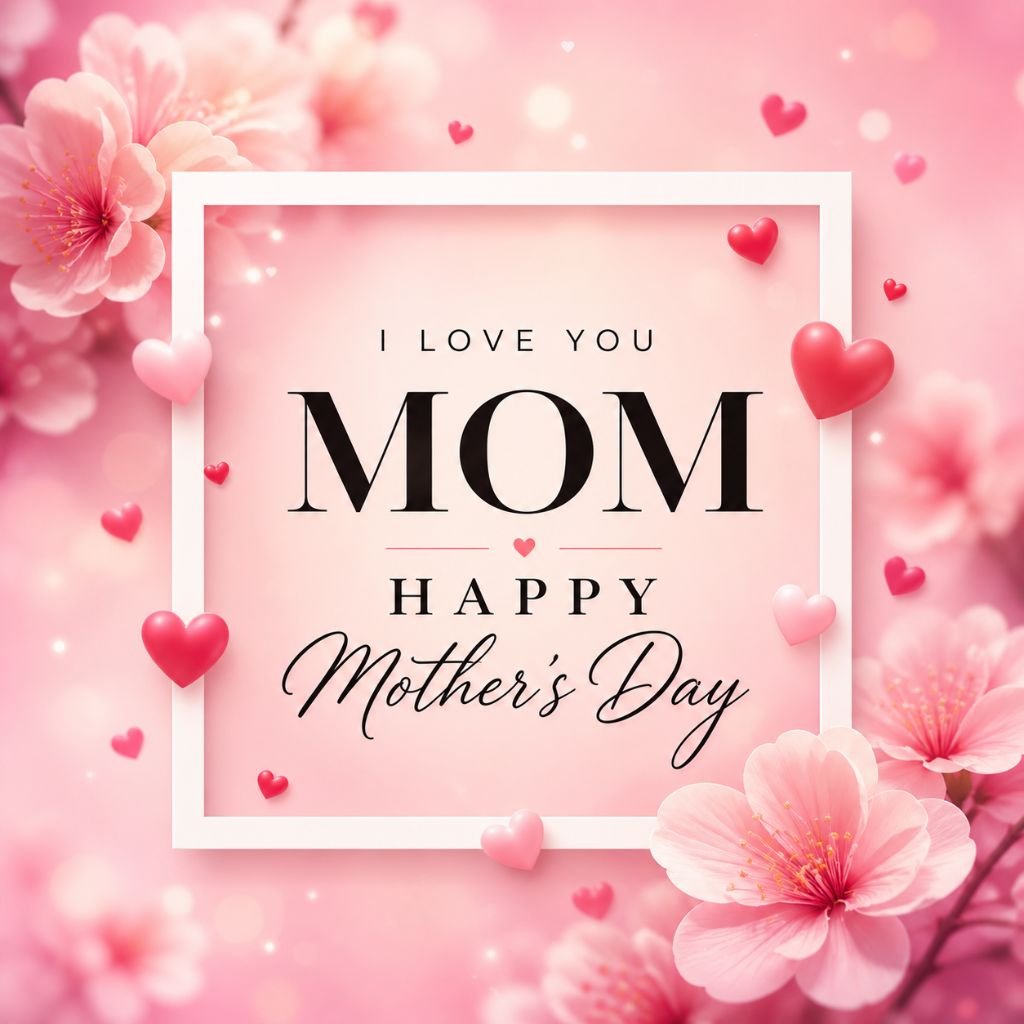 i love you mom  happy mothers day card with pink floral hearts