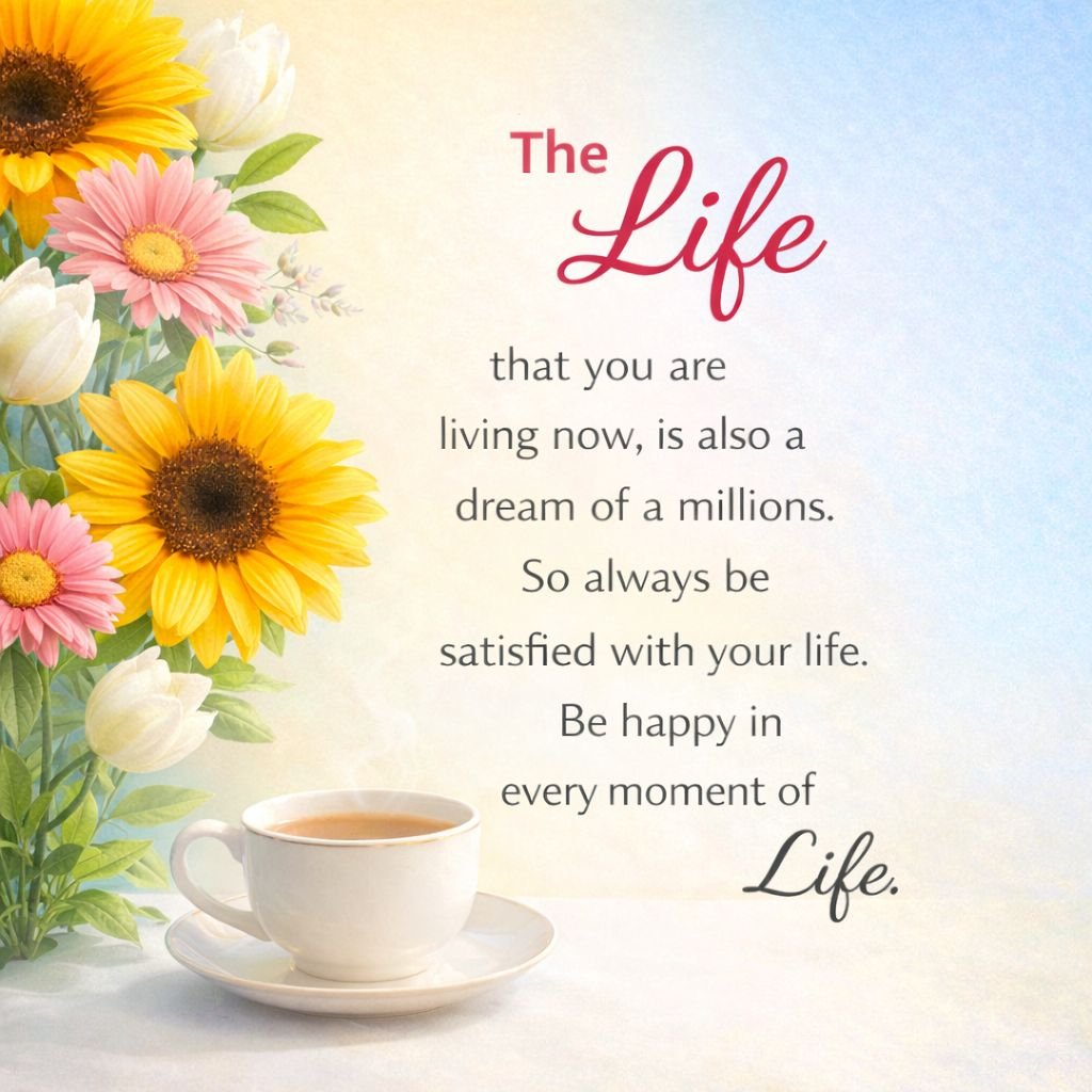 inspirational life quote with sunflowers, coffee cup, and floral background