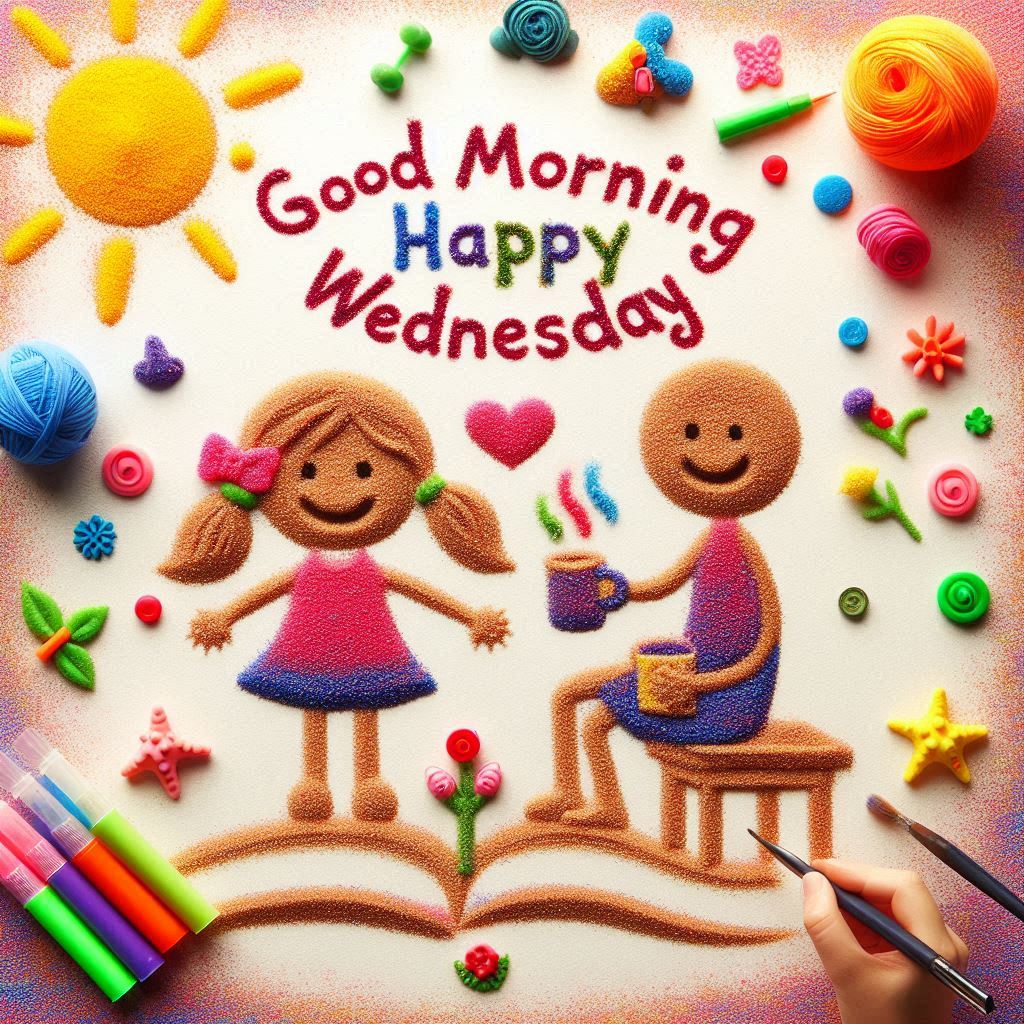 30+ Good Wednesday Morning Blessings Images for Free Download 28 Colorful sand art of smiling kids with coffee, sun, and crafts, featuring “Good Morning Happy Wednesday” text and decorations.