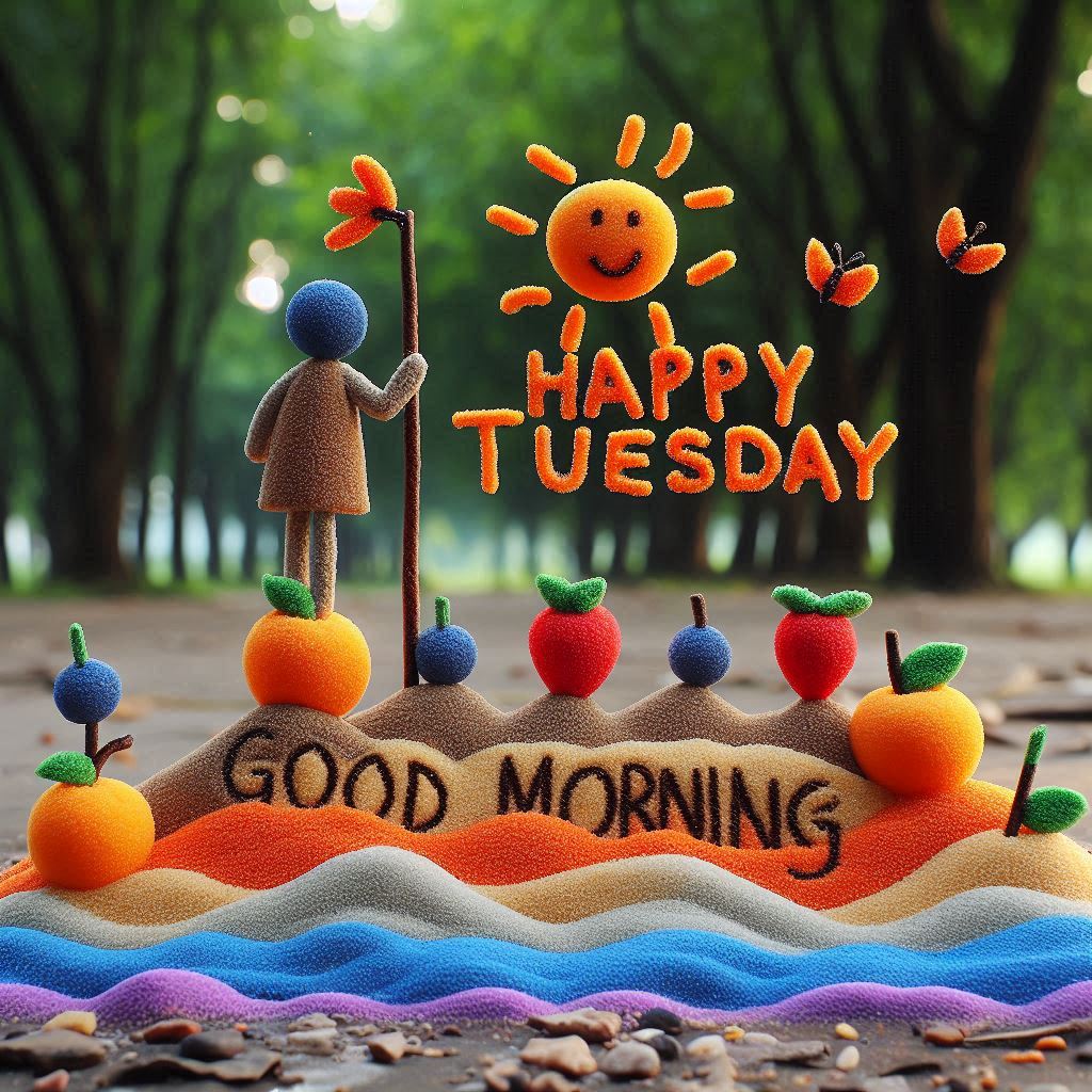30+ Good Morning Happy Tuesday Images for Free Download 27 Colorful clay-style art with a stick figure, fruits, sun, and text “Good Morning, Happy Tuesday” in a forest.