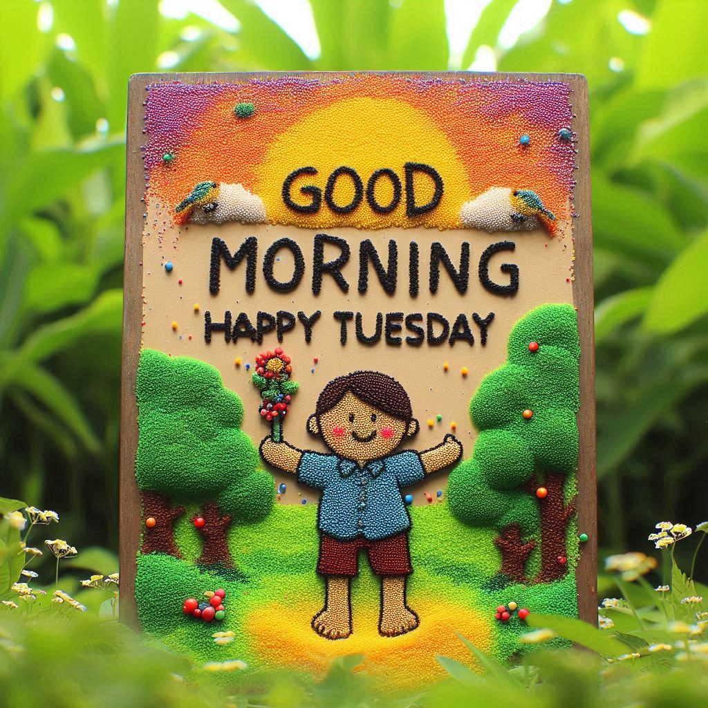 30+ Good Morning Happy Tuesday Images for Free Download 28 Cheerful foam art of a boy holding flowers with "Good Morning, Happy Tuesday" sign in a vibrant green field.