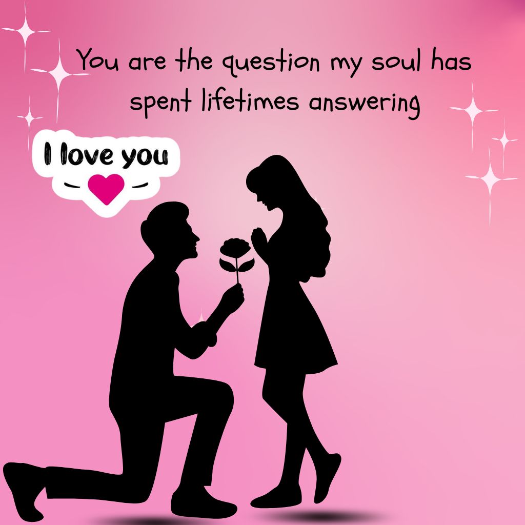 20+ I Love You Images with Quotes for Free Download 5 Silhouette of a man kneeling and offering a rose to a woman, with romantic text on a pink background.