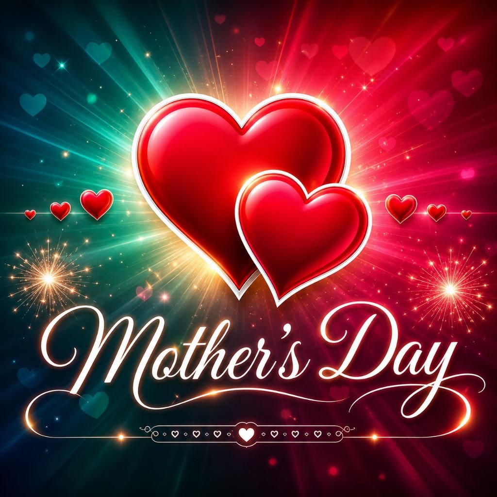 mothers day card with glowing hearts and colorful light effects