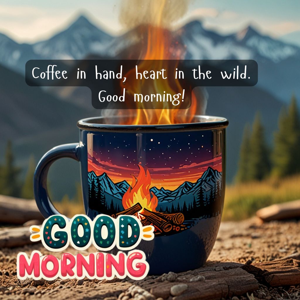 Nature Good Morning Quotes with Images to Boost Your Mood All Day 20 Campfire coffee mug with mountain backdrop.