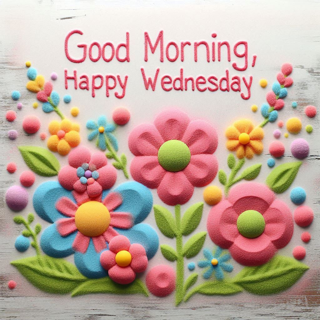30+ Good Wednesday Morning Blessings Images for Free Download 14 Colorful sand art of pink, blue, and yellow flowers with green leaves, featuring the text “Good Morning, Happy Wednesday.”