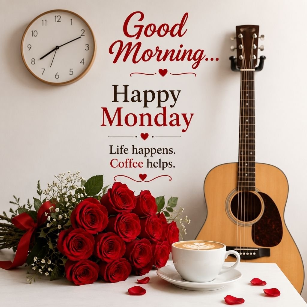positive monday wishes with roses and guitar