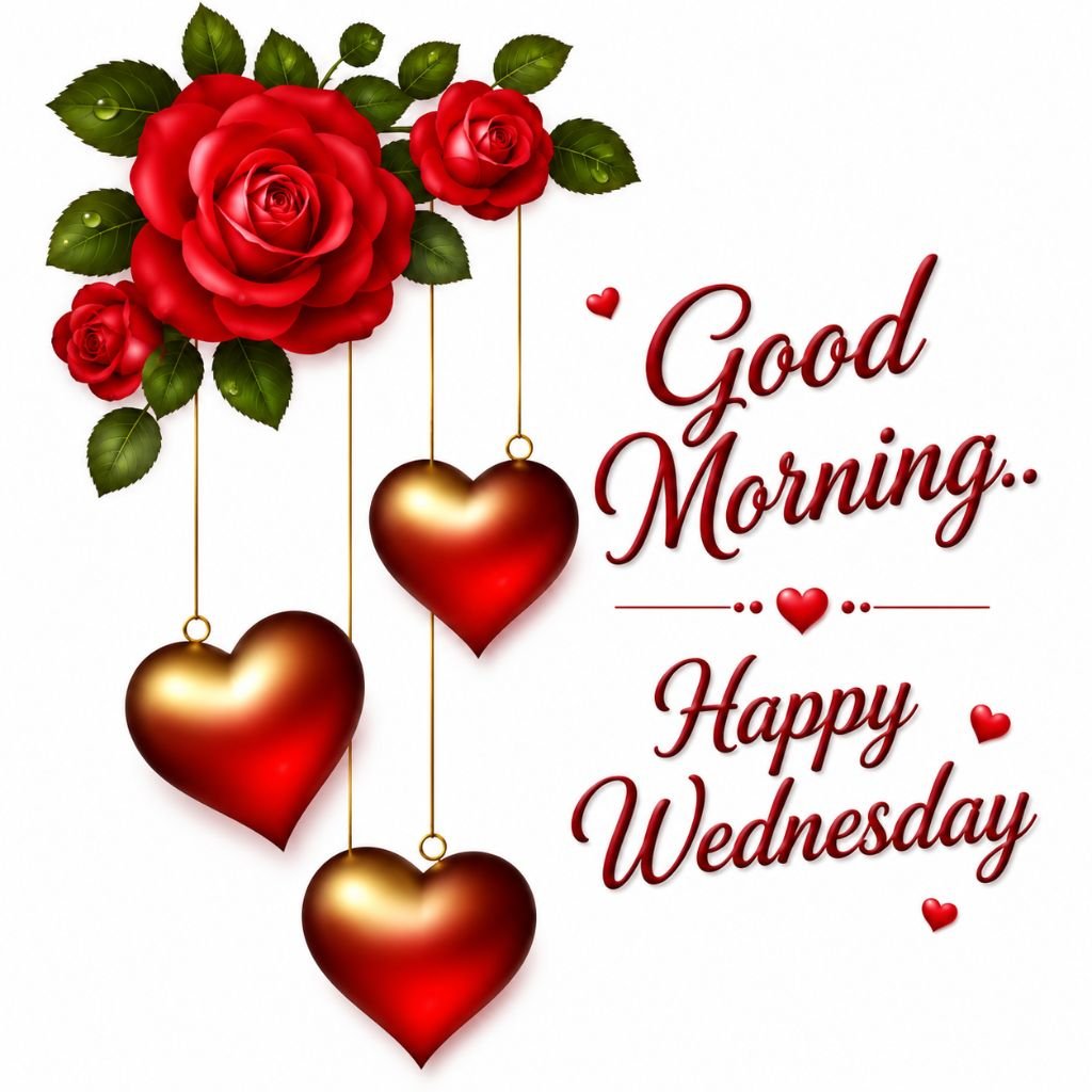 romantic good morning happy wednesday red roses and hearts image