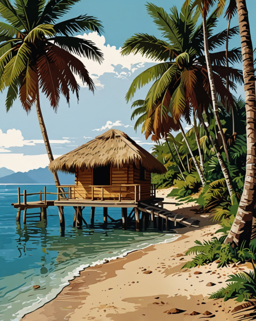 ropical beach hut over water surrounded by palm trees