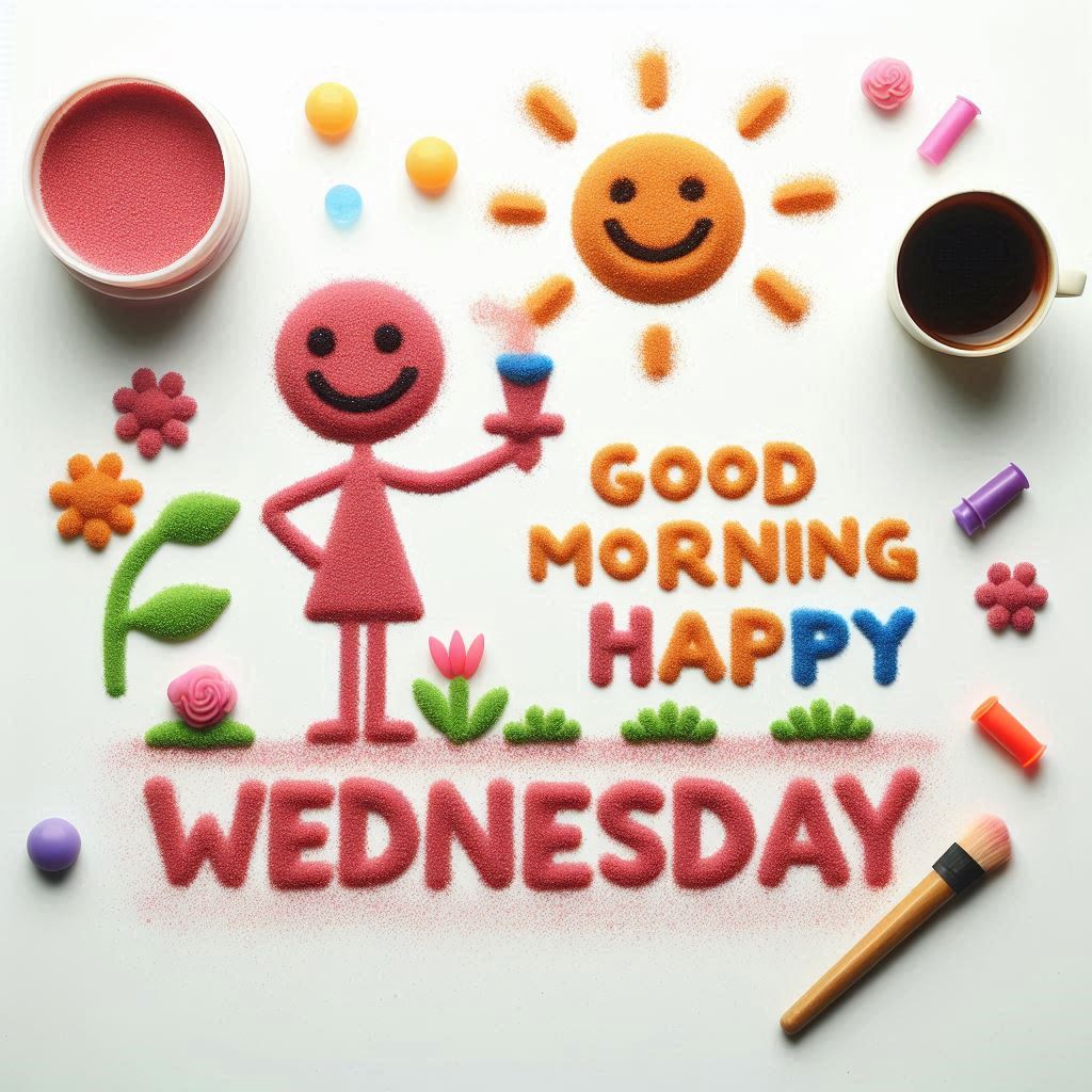 30+ Good Wednesday Morning Blessings Images for Free Download 20 Colorful stick figure art with smiling sun, flowers, and text saying "Good Morning Happy Wednesday" made from vibrant powder.
