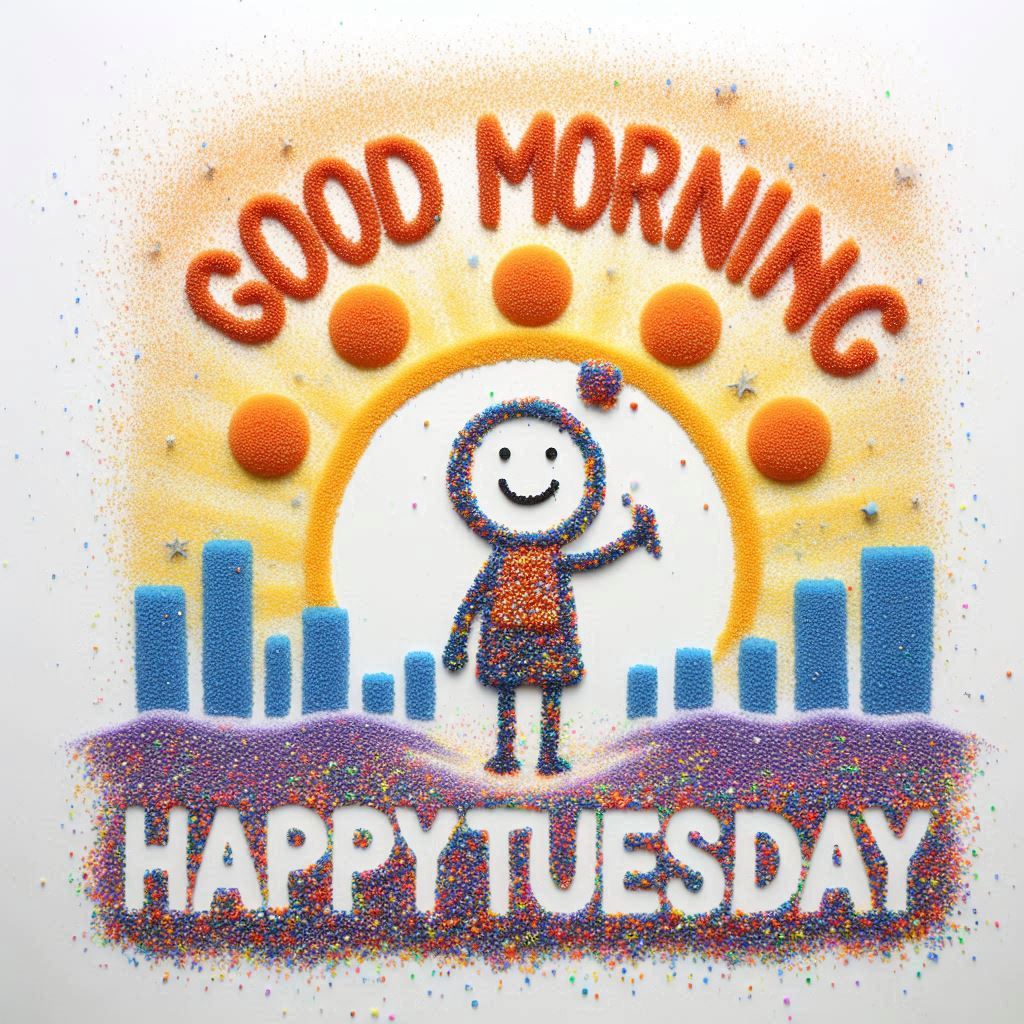 30+ Good Morning Happy Tuesday Images for Free Download 22 Colorful sand art with a smiling stick figure, rising sun, and buildings, displaying "Good Morning Happy Tuesday" text.