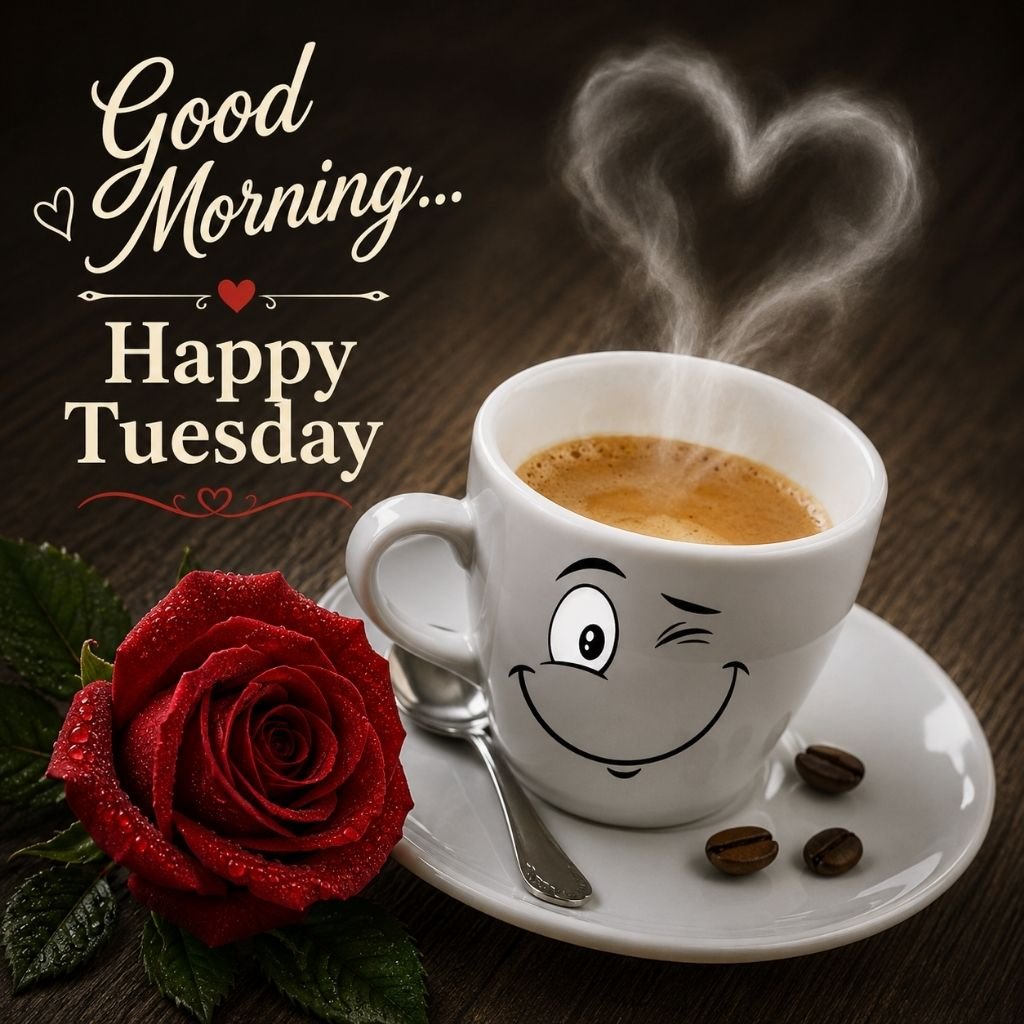 smiley coffee cup happy Tuesday greeting