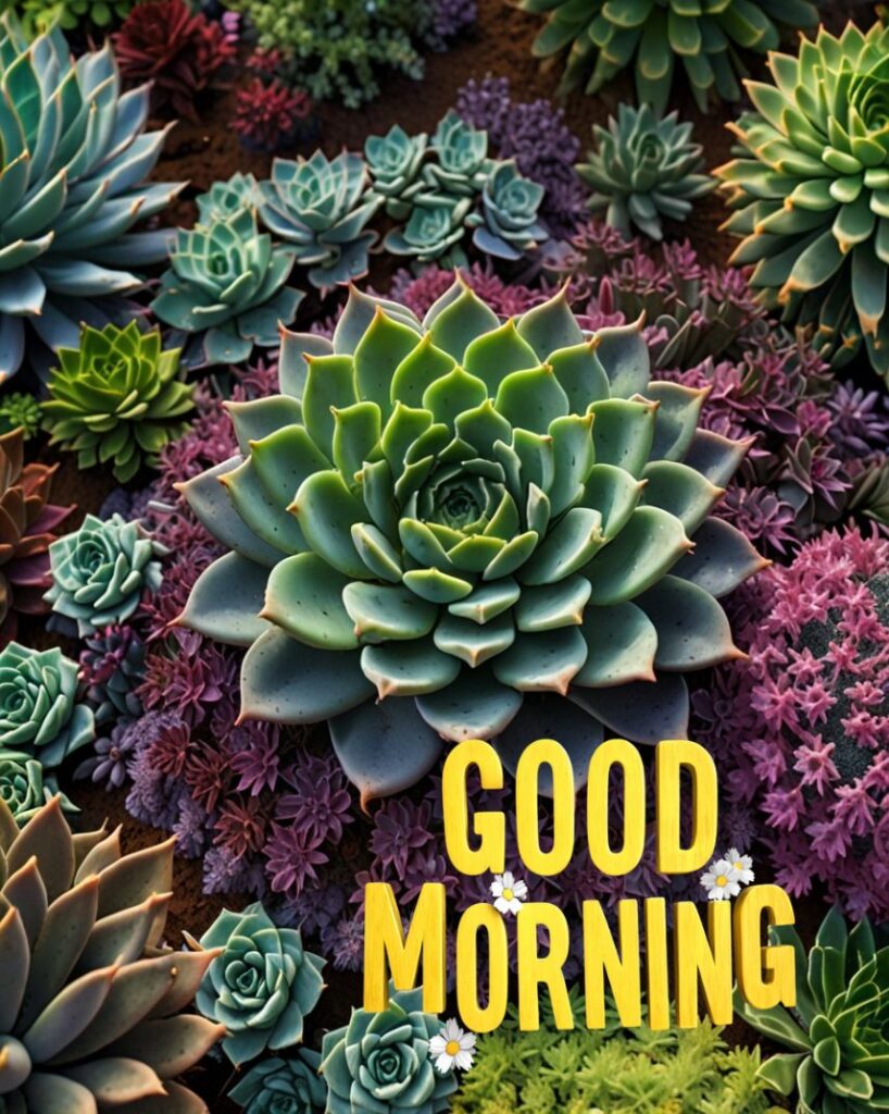 20+ Cute Simple Good Morning Images That Make You Smile Instantly 14 Aerial view of a geometric succulent garden with spiraling patterns of green and purple rosettes.
