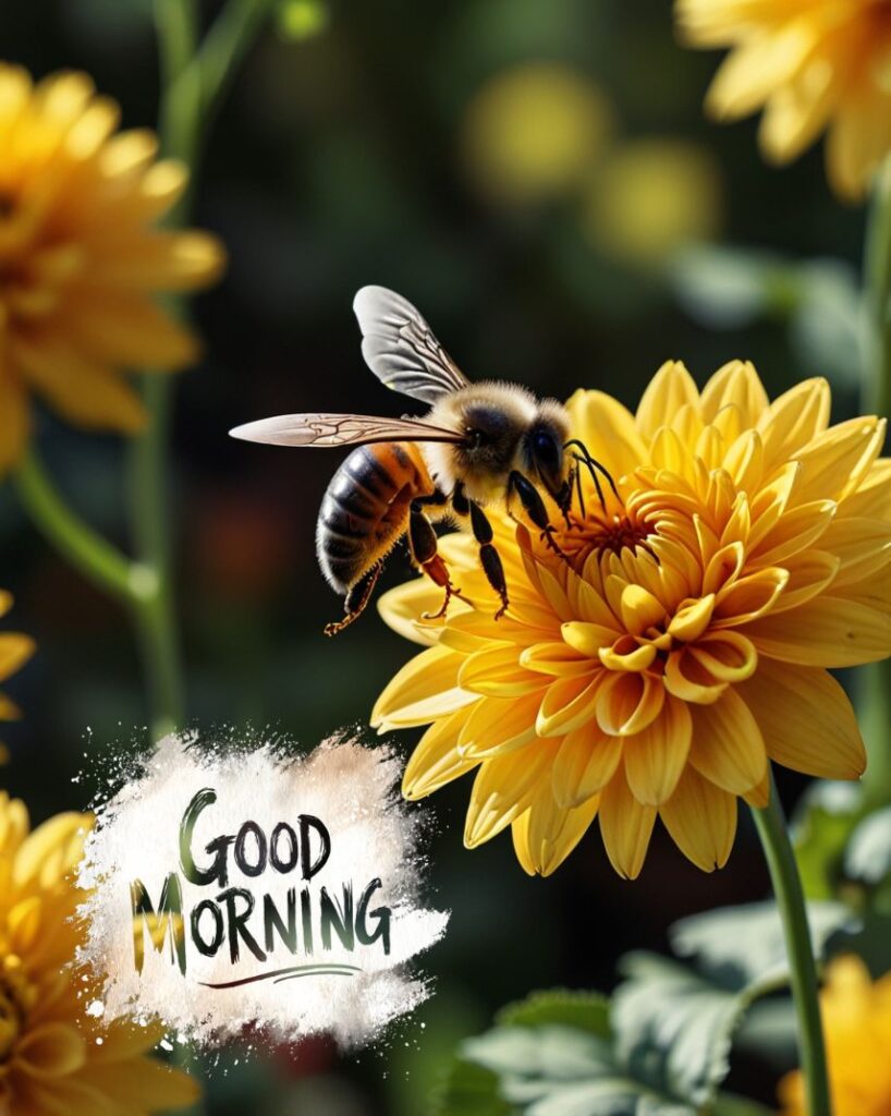 20+ Cute Simple Good Morning Images That Make You Smile Instantly 15 A honeybee pollinating a bright yellow dahlia, its wings blurred in mid-flight.