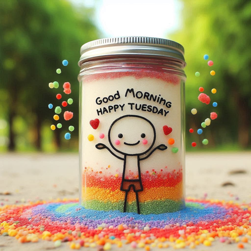 30+ Good Morning Happy Tuesday Images for Free Download 30 Colorful glass jar with rainbow sand art, cheerful stick figure, hearts, and "Good Morning Happy Tuesday" written on it.