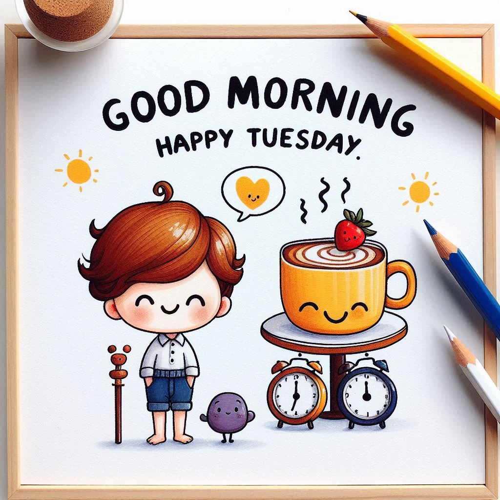 30+ Good Morning Happy Tuesday Images for Free Download 4 Cute cartoon boy with smiling coffee, clocks, and sun doodles, surrounded by pencils, with “Good Morning, Happy Tuesday” text.