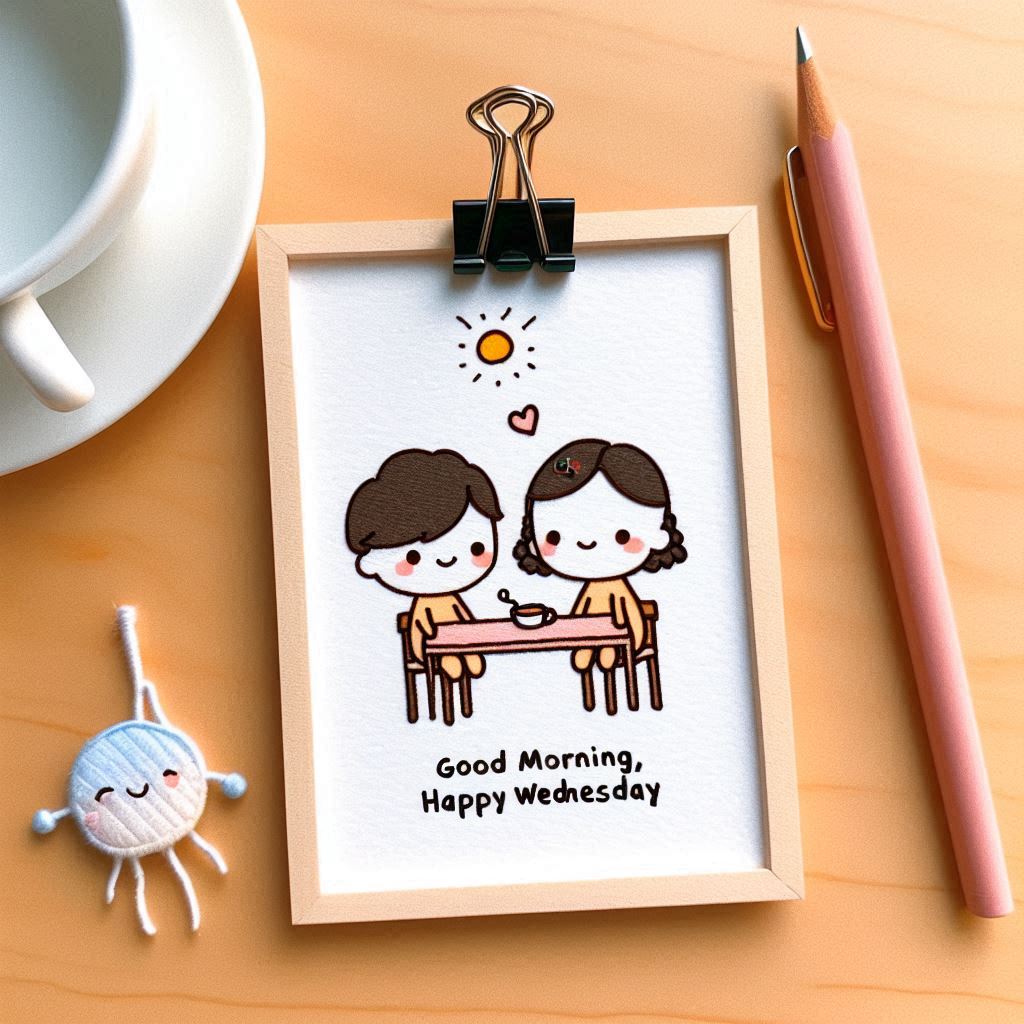 30+ Good Wednesday Morning Blessings Images for Free Download 22 Cute cartoon couple sitting at a table with coffee, framed art saying “Good Morning, Happy Wednesday” on wooden desk.