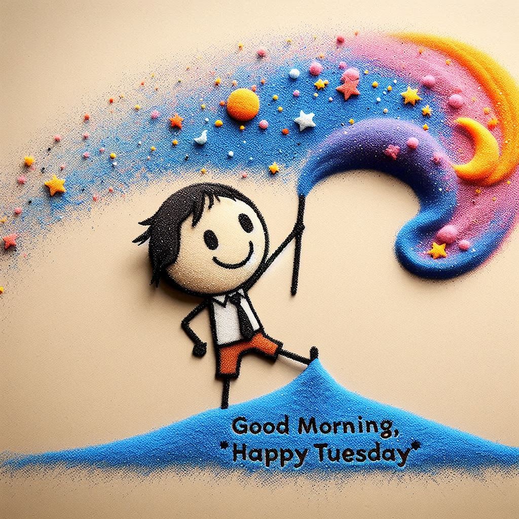 30+ Good Morning Happy Tuesday Images for Free Download 1 Colorful sand art of a smiling stick figure painting a sky filled with stars, planets, and the message “Good Morning, Happy Tuesday.”