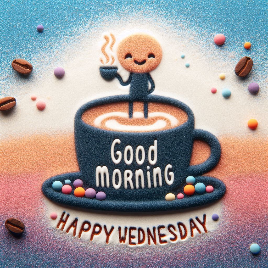 30+ Good Wednesday Morning Blessings Images for Free Download 18 Cheerful stick figure holding coffee, standing inside a large cup with “Good Morning, Happy Wednesday” in colorful sand art.