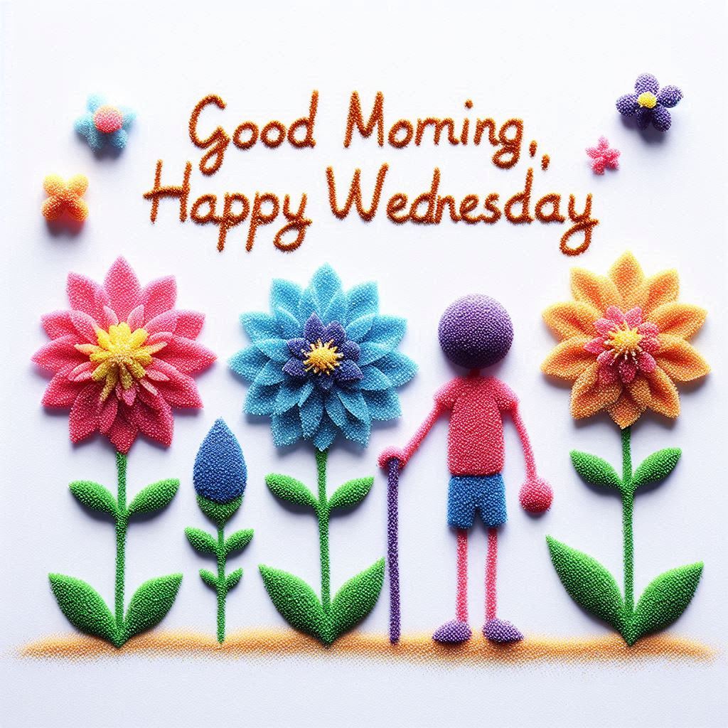 30+ Good Wednesday Morning Blessings Images for Free Download 12 Colorful sand art showing a stick figure with flowers and butterflies, text reads “Good Morning, Happy Wednesday” in orange.