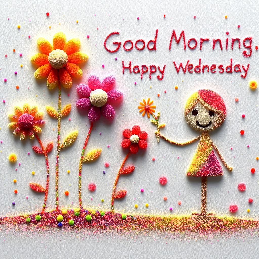 30+ Good Wednesday Morning Blessings Images for Free Download 10 Colorful sand art of a smiling stick girl holding a flower, surrounded by bright blossoms with "Good Morning, Happy Wednesday."