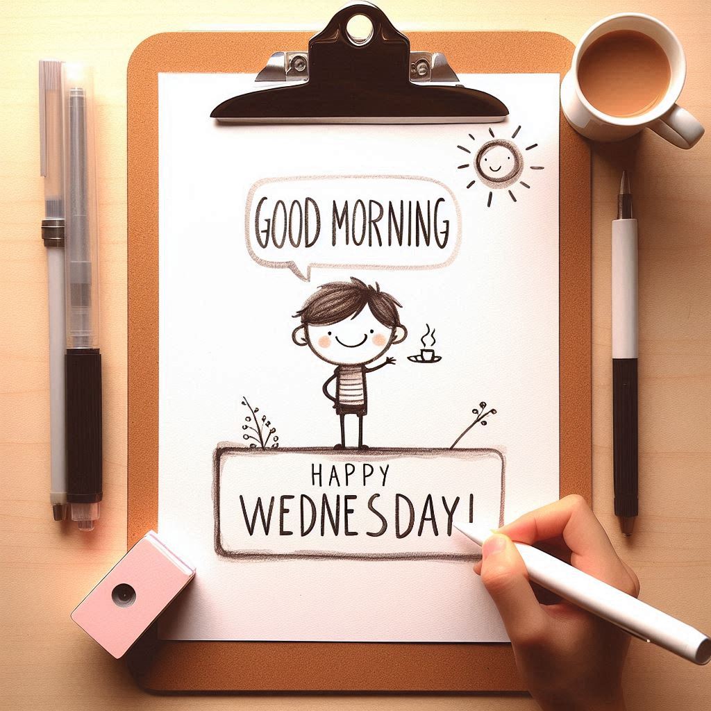 30+ Good Wednesday Morning Blessings Images for Free Download 19 Hand-drawn stick figure on clipboard says "Good Morning, Happy Wednesday" with coffee cup, pen, eraser, and warm tones.