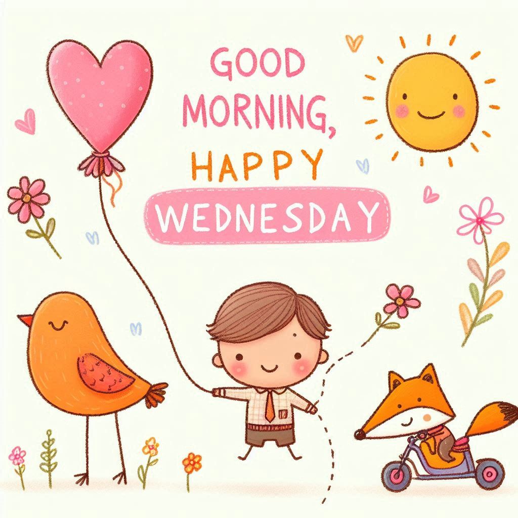 30+ Good Wednesday Morning Blessings Images for Free Download 29 Cute cartoon boy with balloon, bird, and fox on scooter surrounded by flowers, smiling sun, and "Happy Wednesday" message.