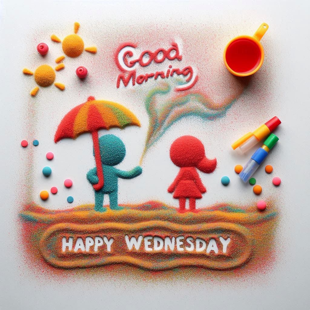 30+ Good Wednesday Morning Blessings Images for Free Download 25 Colorful sand art of two figures, one holding an umbrella, with text “Good Morning Happy Wednesday” and playful art supplies.