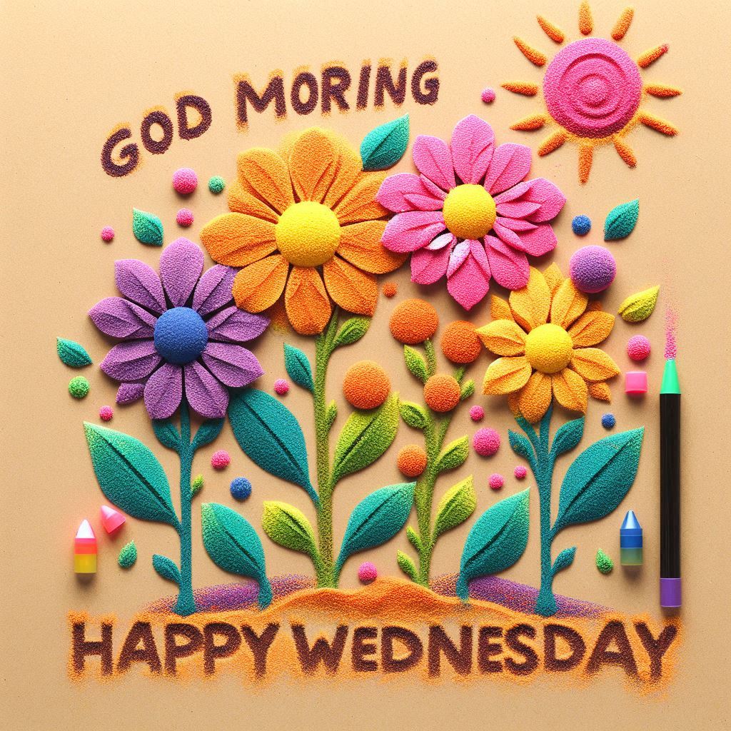 30+ Good Wednesday Morning Blessings Images for Free Download 16 Colorful sand art of flowers and sun with text "God Moring, Happy Wednesday," surrounded by crayons and vibrant decorations.
