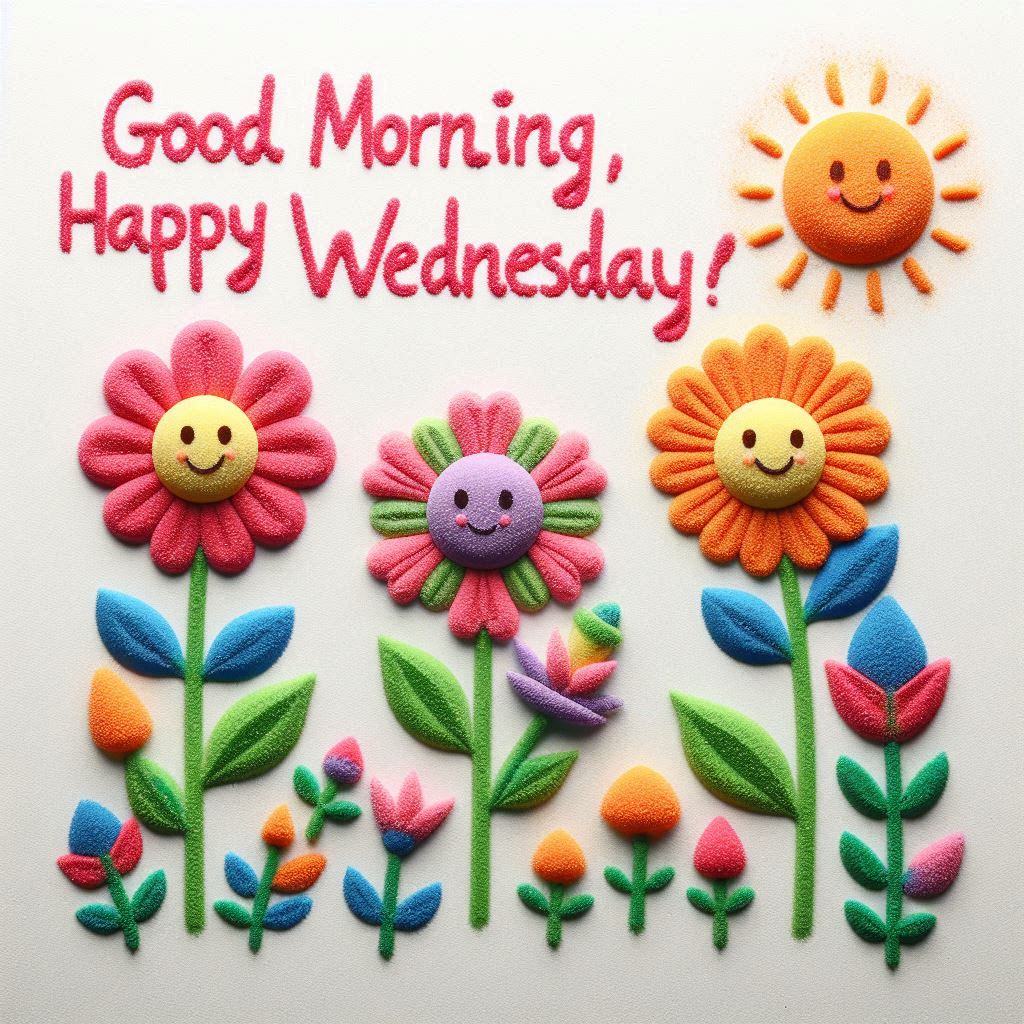 30+ Good Wednesday Morning Blessings Images for Free Download 17 Cute smiling flowers and sun in colorful sand art with “Good Morning, Happy Wednesday” message on a white background.