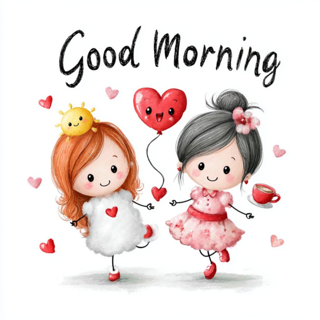 Cute illustration of two cheerful girls holding hands under the text "Good Morning"—one wearing a fluffy white dress with a sun hair accessory, the other in a pink dress holding a red heart balloon and a cup of coffee, surrounded by small hearts.