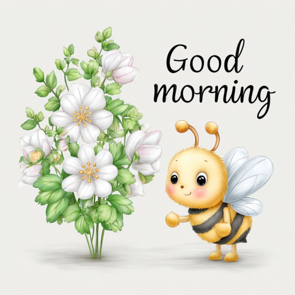 Cute illustration of a smiling yellow bee with delicate wings standing beside a bunch of white flowers, with the words "Good morning" written in elegant script