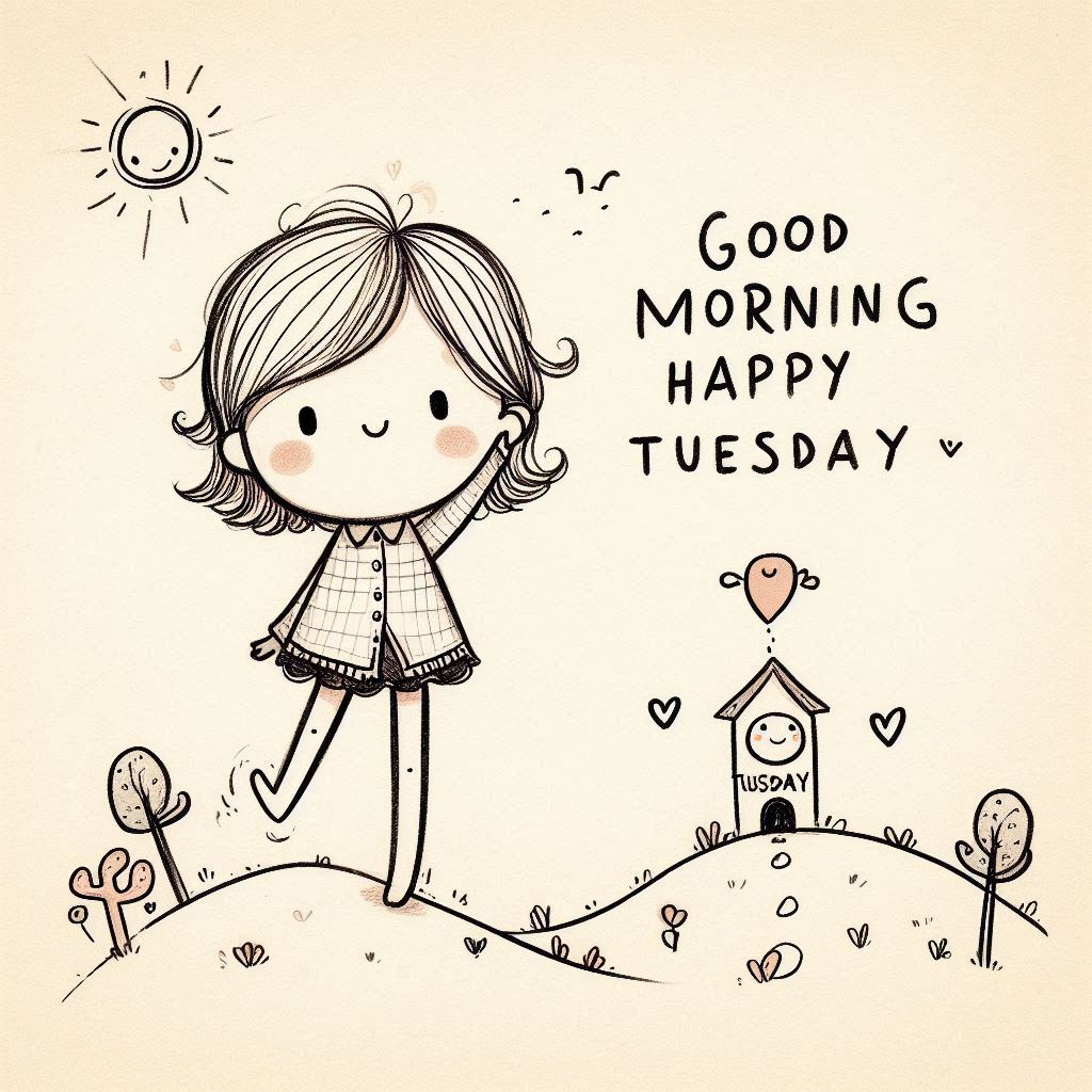 30+ Good Morning Happy Tuesday Images for Free Download 6 Cute girl stick figure waving on a hill, with smiling sun, tiny house marked Tuesday, and “Good Morning Happy Tuesday” text.